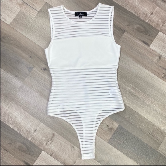 Lulus Tops - Lulus Sheer & Stripes Illusion Sleeveless Bodysuit Monochrome White Small